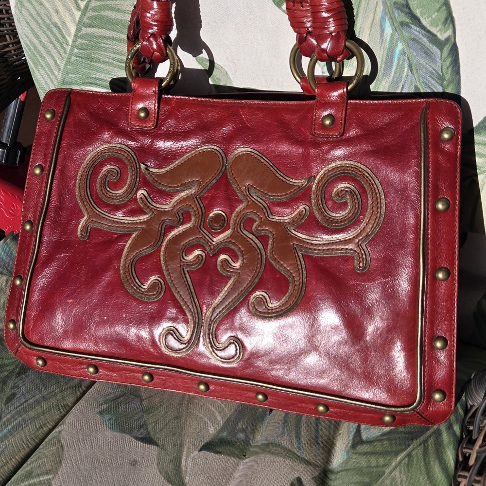 Tooled Purse Shoulder Bag Burgundy Leather - Picture 2 of 12